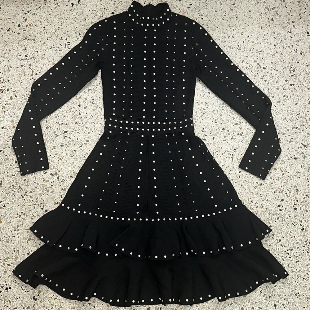 Sandro black silver knit studded mini dress tiered Asya 34 - Picture 6 of 11